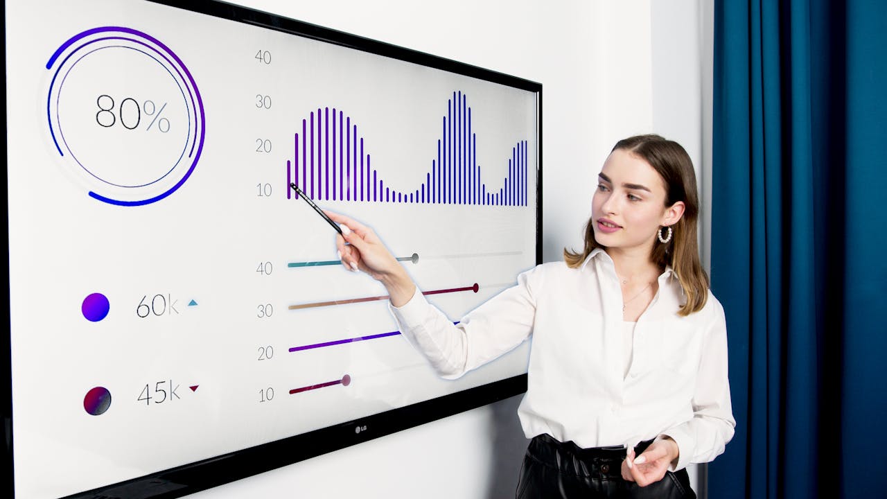 services-01 Businesswoman presenting data on a large digital screen in a modern office setting.